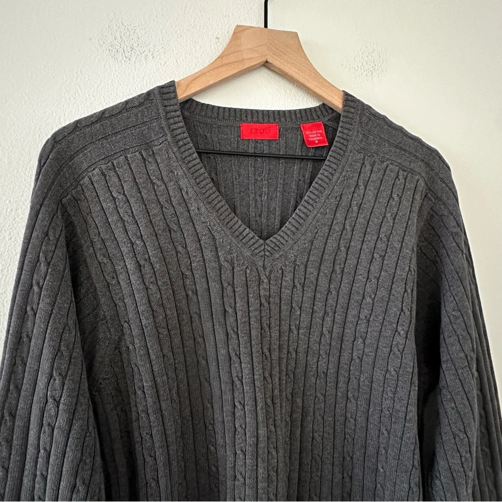 Izod Mens Cable Knit Sweater Grey Long Sleeve Pullover Size M Preppy 100% Cotton